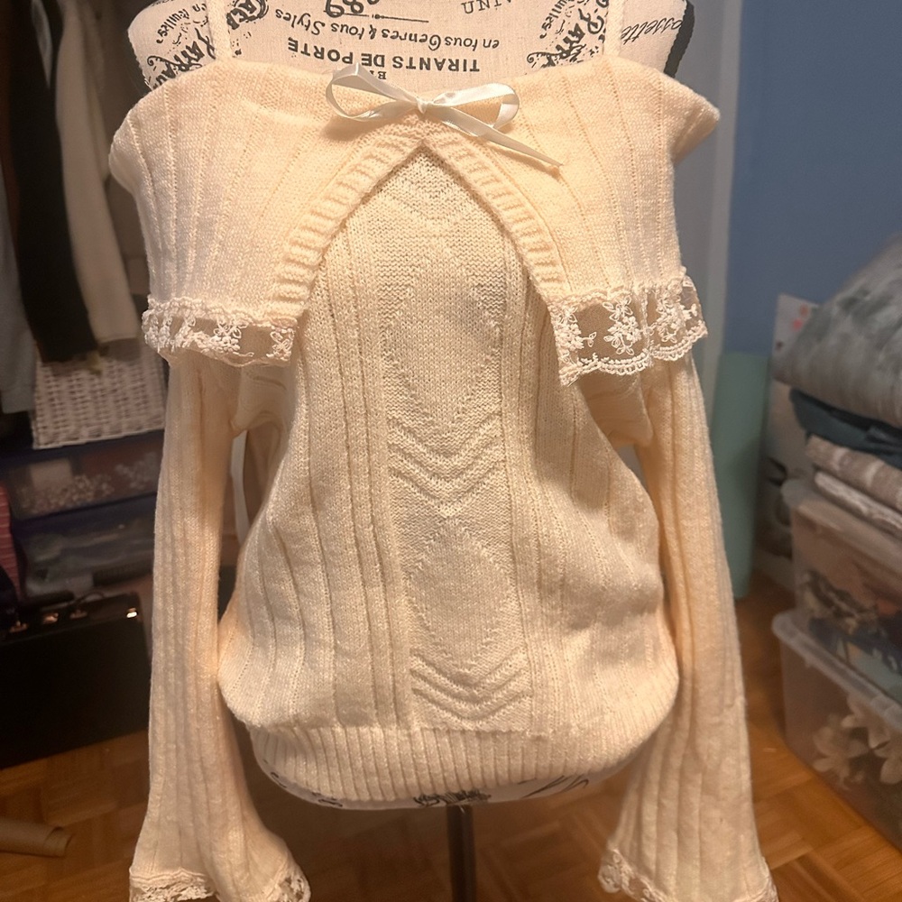 Chic Off-Shoulder Cream Sweater - Picture 3 of 5